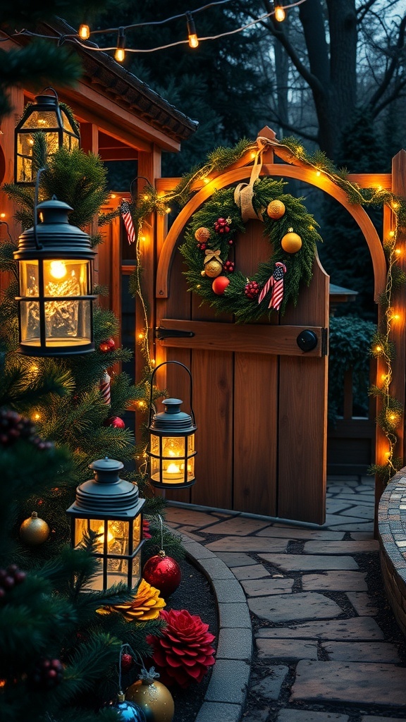 A festive garden decorated for Christmas with lanterns, string lights, and a wreath.